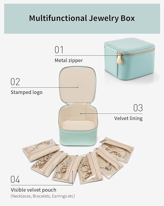 VLANDO Travel Jewelry Box,Jewelry Travel Case with 6 Velvet Jewelry Zipper Pockets Travel Jewelry Organizer for Ring Bracelet Christmas Wedding Birthday Gifts for Wife Daughter Lake Blue