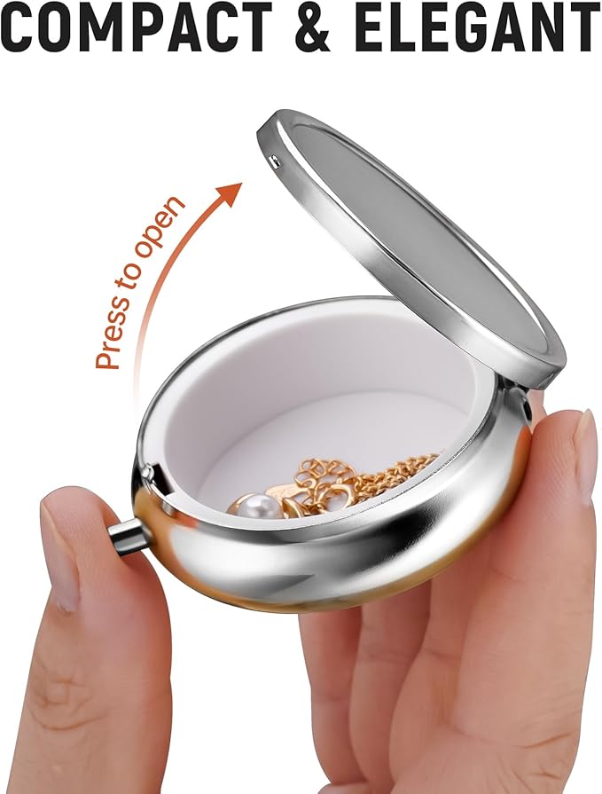 Mini Travel Jewelry Box with Built-In Mirror, Ultra-Portable Jewelry Holder for Rings, Necklaces, Earrings, Pills, Tea Bags, Small Accessories, Press-to-Open Multifunctional Storage (Silver)