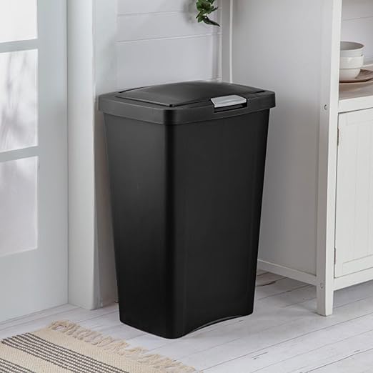 Sterilite 13 Gallon TouchTop Narrow Plastic Wastebasket with Secure Titanium Latch for Kitchen, Bathroom, and Office Use, Black (8 Pack)