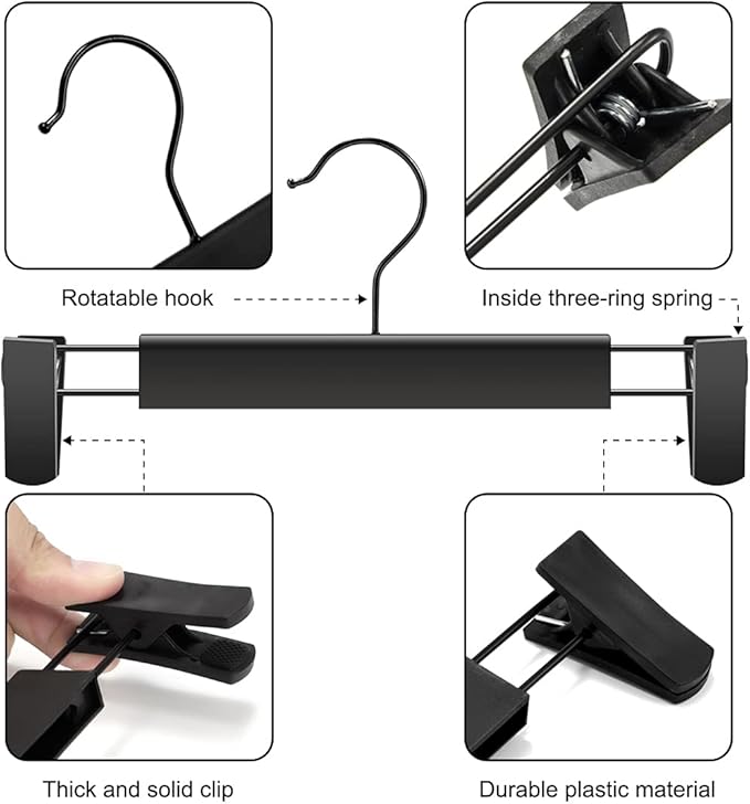 GUANJUNE 10 Pack Clothes Pants Hangers, Space-Saving Skirt Holders with 360 ° Swivel Hooks, Adjustable Clips, Trouser Coat Garment Jeans Black