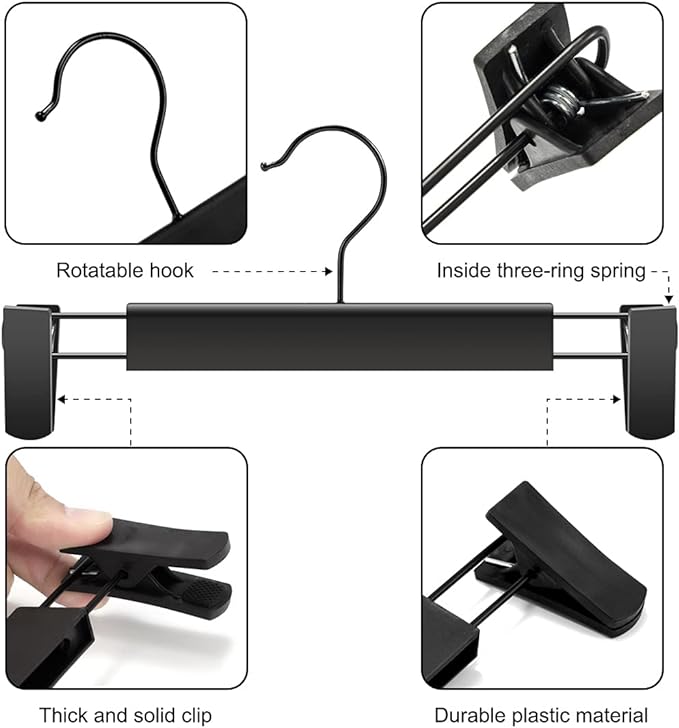 GUANJUNE Clothes Pants Hangers, Space-Saving Skirt Holders with 360 ° Swivel Hooks, Adjustable Clips, Trouser Hangers, Clothes Coat Garment Jeans Hangers (30 Pack, Black)