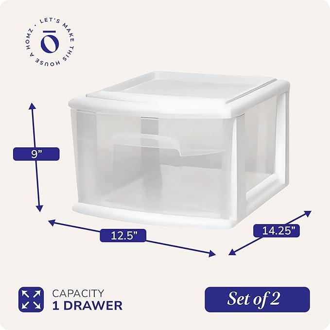 HOMZ 2-Pack 1-Drawer Storage Cart, Clear Plastic Container, 14.25" Wide Medium, White Frame - Organizing Drawer Containers for Home, Bathroom, Bedroom, Office, and Classroom