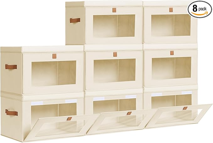 Homsorout Large Closet Storage Bins - Collapsible Clothing Organizer with Handles & Window, Decorative Bin with Lids, Linen Closet Organizers for Living Room, Dorm, 8 Pack, Beige