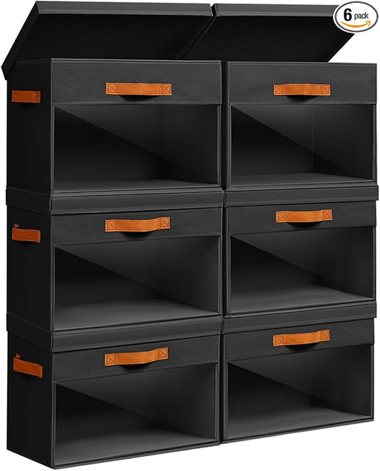 Homsorout Large Storage Bins with Lids - 6 Pack Foldable Decorative Organizers with Clear Windows & Handles, Cube Storage Organizers for Clothes, Blankets, Sweaters, Sheets, Black