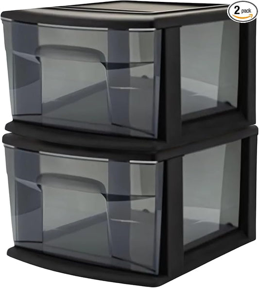 HOMZ 2-Pack 1-Drawer Storage Cart, Plastic Container w/Smoke Tint, 14.25" Wide Medium, Black Frame - Organizing Drawer Containers for Home, Bathroom, Bedroom, Office, and Classroom