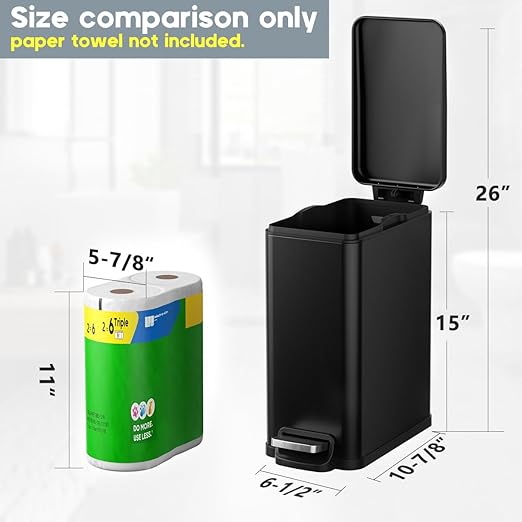 Slim Bathroom Trash Can with Lid Soft Close, 2.6 Gallon Stainless Steel Garbage Can with Removable Inner Bucket, Durable Step Pedal, Small Trash Bins for Toilet, Bedroom, Kitchen, Office