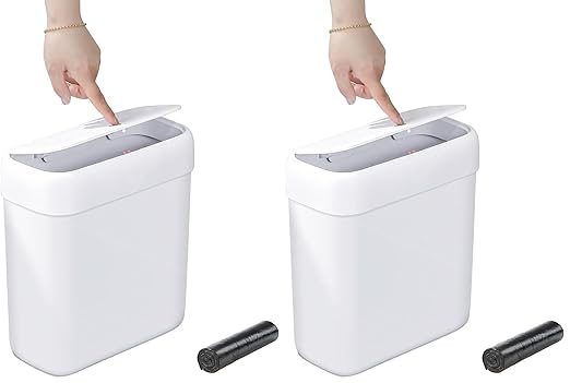 funest Bathroom Small Trash Can with Lid,10L / 2.7 Gallon Slim Garbage Bin Wastebasket with Press Top Lid for Bedroom,Rv,Office,Kitchen,Craft Room (Pack of 2)