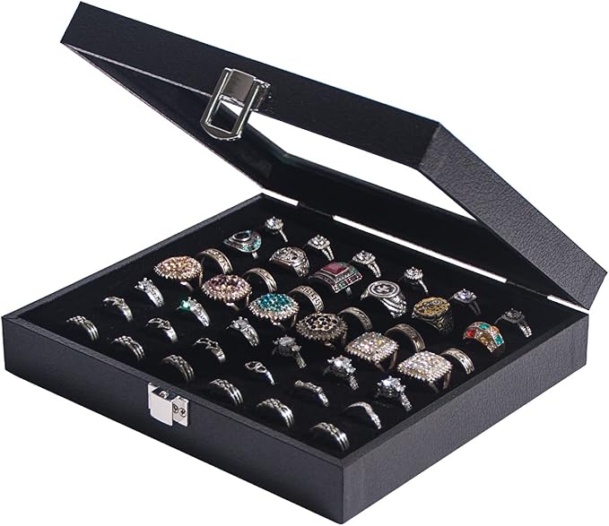 Pangkeep Ring Organizer Display Case,Black Jewelry Storage Tray Boxes for Multiple Rings,Glass Lid,Stackable. (42 Slots)