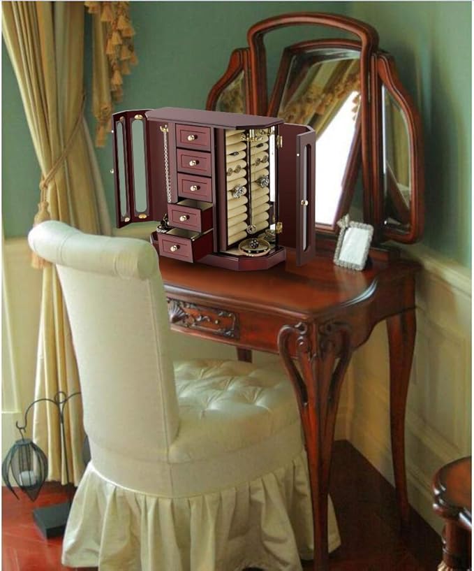 RR ROUND RICH DESIGN Jewelry Box - Made of Solid Wood with Cabinet Type 5 Drawers Organizer and 2 Separated Open Doors on 2 Sides and Large Mirror Brown