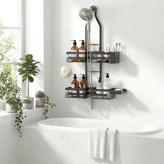 Over the Shower Head Caddy for Handheld Showerhead - Rustproof Hanging Shower Organizer, No Drill 2-Tier Bathroom Storage Shelf with Soap Holder, Black
