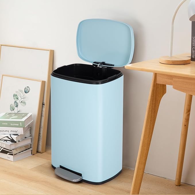 FDW | 13 Gallon Trash Can with Lid | Blue | Fingerprint-Proof | Made of Brushed Stainless Steel | Soft-Close Step Pedal | Hands-Free Use | Easy to Clean | for Kitchen, Office, Bathroom