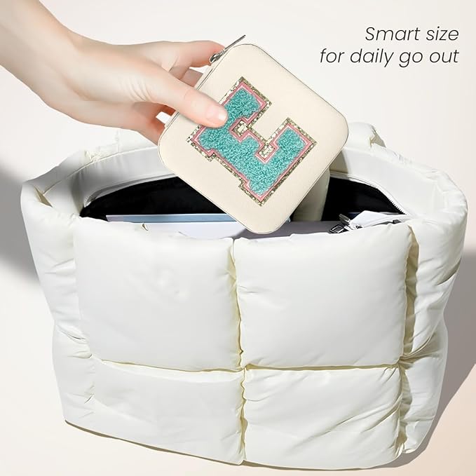 Personalized Jewelry Box, White Travel Jewelry Box with Initial E, Monogrammed Small Jewelry Case Organizer for Girls Teen Tween Kids Women, Mini Travel Essentials Gifts for Birthday Christmas
