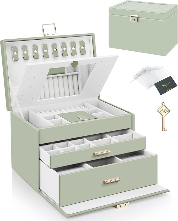DesignSter Jewelry Box for Women Girl, 3-layer Lockable Jewelry Organizer with Mirror, Large Leather Jewelry Case for Earring Necklace Ring Bracelet Watch