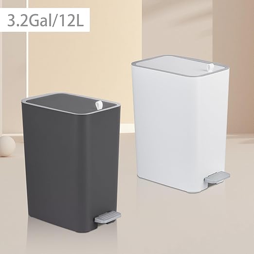 rejomiik Small Bathroom Trash Can with Lid, 3.2 Gallon Step Garbage Can with Handle, Slim Mini Wastebasket Bin for Bedroom, Office, Dorm, Dark Gray