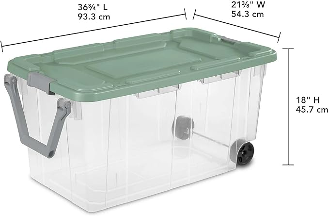 Ratiyae 160 Quart Wheeled Storage Box, Extra Large Durable Clear Plastic Bin, Latch Lid, Lt Green, 2 Count