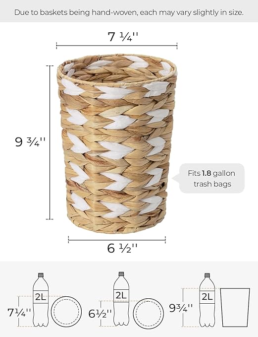 StorageWorks Wicker Waste Basket, Small Trash Can, Rattan Trash Basket with Handwoven Water Hyacinth and Paper Rope, Wicker Garbage Can for Bathroom, Bedroom, 1 Pack