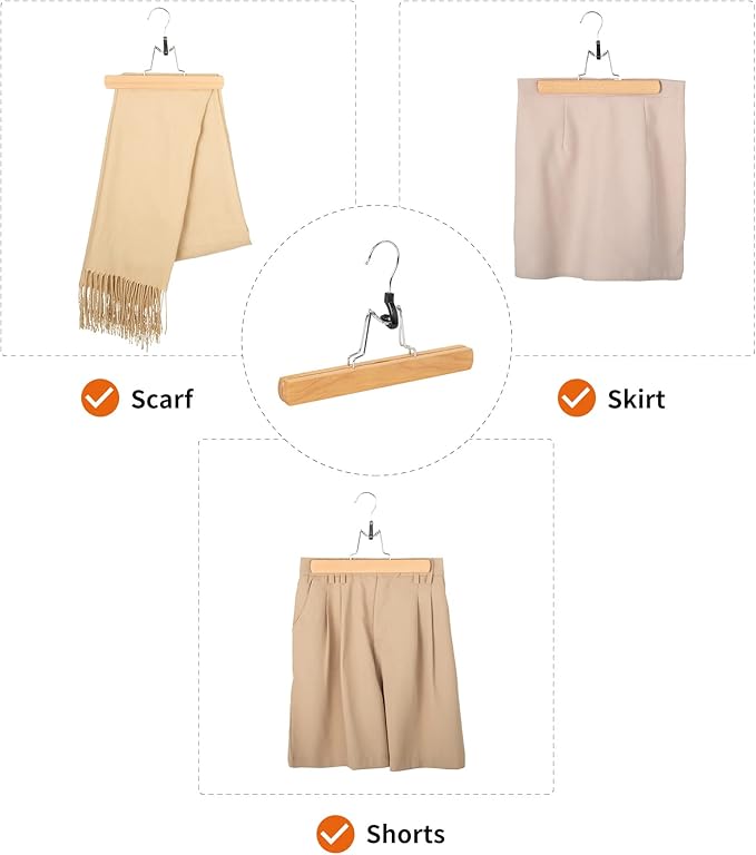 Amazon Basics Sturdy Wooden Pants Hangers for Closet Organization, Natural, 10-Pack