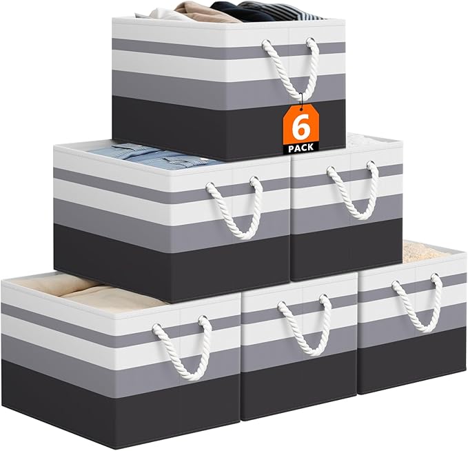 StorageTastic Storage Bin,Collapsible Storage Basket For Organizing,Large Storage Boxes With Rope Handles,Storage Containers,Gradient Grey,6 Pack