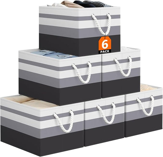 StorageTastic Storage Bin,Collapsible Storage Basket For Organizing,Large Storage Boxes With Rope Handles,Storage Containers,Gradient Grey,6 Pack
