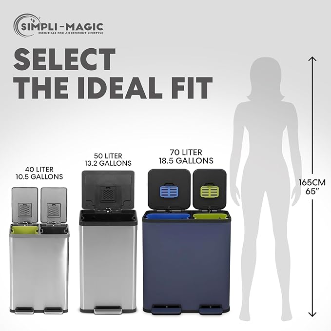 Simpli-Magic 70 Liter / 18.5 Gallon Rectangular Hands-Free Dual Compartment Recycling Kitchen Step Trash Can with Soft-Close Single Lid, Stainless Steel (40L x 30L Capacity), Blue