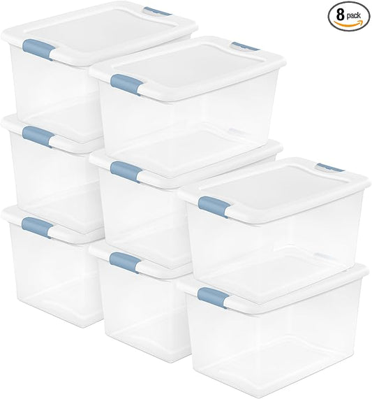 Sterilite 8-Pack 64 Quart Latching Box, Clear Plastic Storage Organizer Bins with White Lids - Large Stackable Containers for Home Bedroom, Dorm Room, and Closet Organization