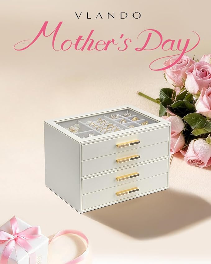 VLANDO 4 Layer Jewelry Box for Women, Glass Lid Jewelry Organizer with 4 Drawers for Necklaces Rings Earrings Bracelets - Cloud White
