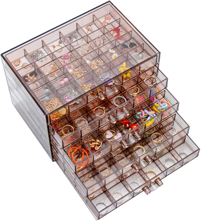 YUFONG Earring Storage Box Organizer, Acrylic Jewelry Storage Box Holder 5 Drawers Transparent Jewelry Display Stand with 120 Small Compartments Gift Boxes for Women Girls (Clear Purple Brown)