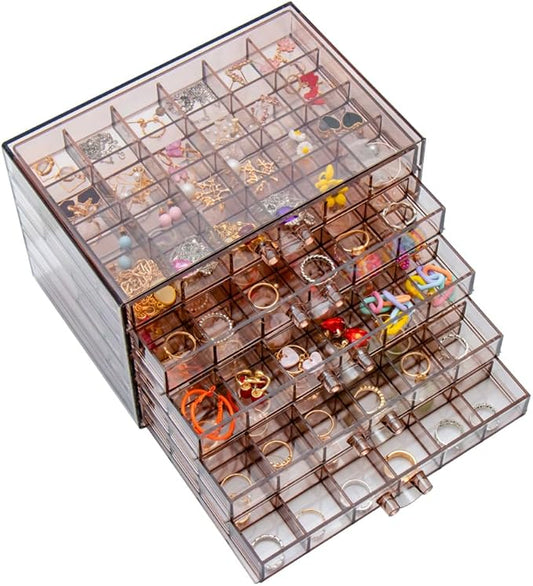 YUFONG Earring Storage Box Organizer, Acrylic Jewelry Storage Box Holder 5 Drawers Transparent Jewelry Display Stand with 120 Small Compartments Gift Boxes for Women Girls (Clear Purple Brown)