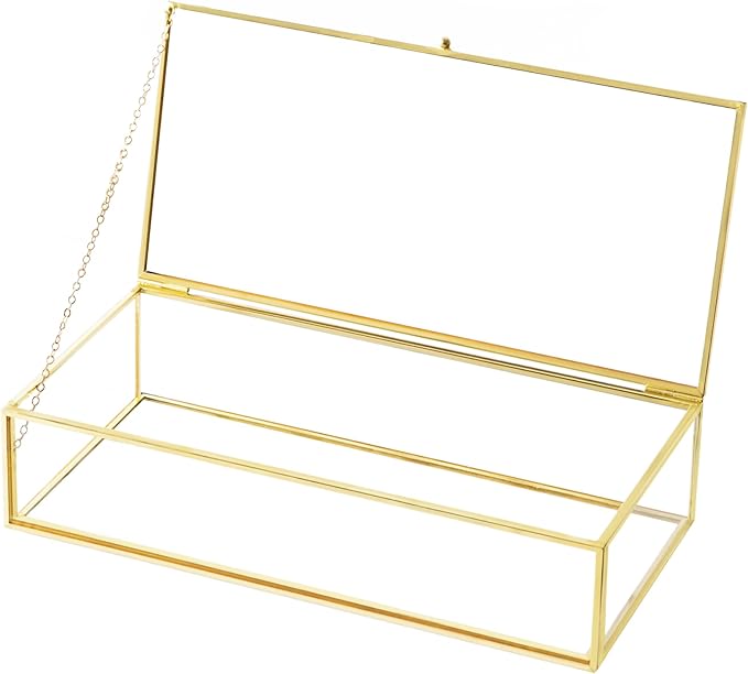 Glass Jewelry Box, Vintage Rectangle Gold Keepsake Box Organizer Box Vanity Lidded Box Home Decor Accent Decorative Box for Storage Trinket Rings Bracelet
