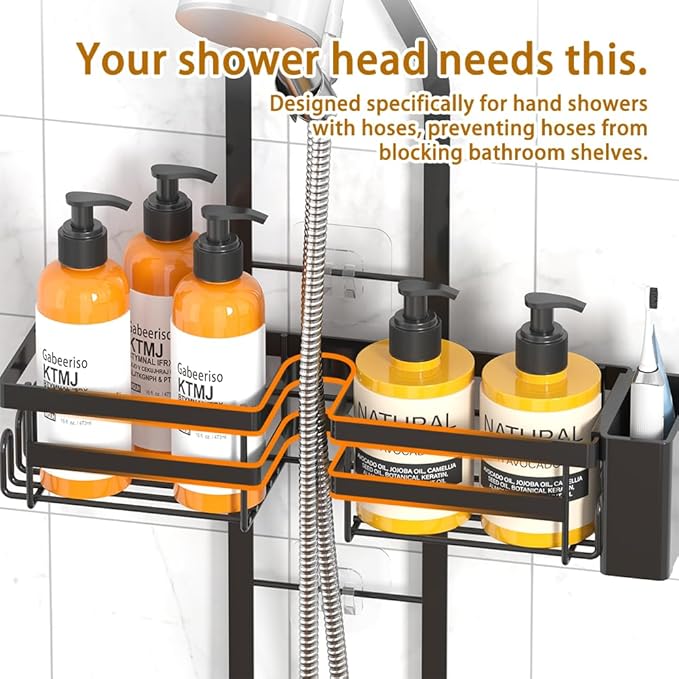 Over the Shower Head Caddy for Handheld Showerhead - Rustproof Hanging Shower Organizer, No Drill 2-Tier Bathroom Storage Shelf with Soap Holder, Black