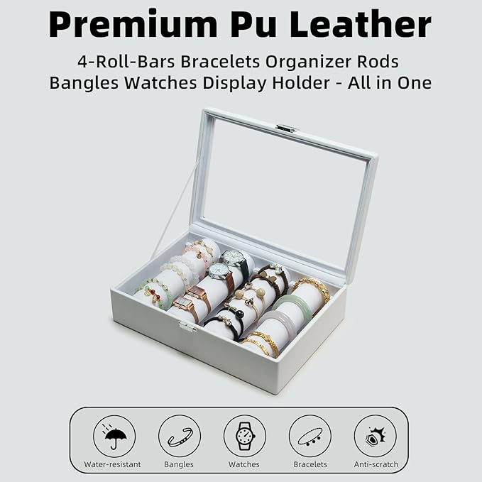 Bracelets Organizer Rods Bangles Display Holder, Clear See through Lid Leather Velvet Jewelry Storage Box Case for Women, 4 Rods White Leather