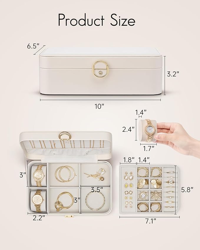 VLANDO 2 Layer Jewelry Box,Jewelry Organizer Storage Lockable Earring Organizer Removable Jewelry Tray with Watch Pillow for Neckable Ring Bracelets-Cream White