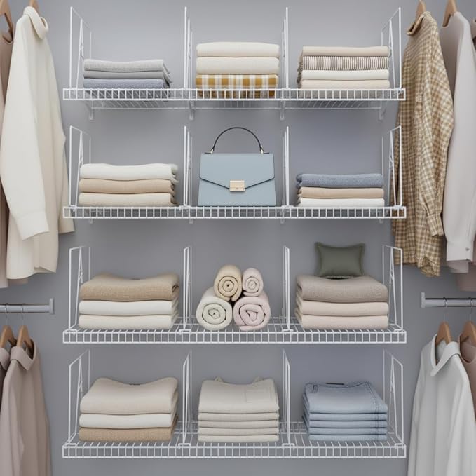 Wire Shelf Dividers - White Closet Organization & Storage Organizer - No Tool Shelf Divider for Wire Shelves - Metal Shelf Accessories – for 12“ Deep Wire Shelves – Tall 12” Height – 20 Pack