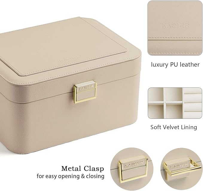 KAMIER Jewelry Organizer,2 Layer Jewelry Organizer Box for Earrings Bracelets Rings Necklaces,Luxury Leather & Soft Velvet Lined,Gift Box Packaging,Beige