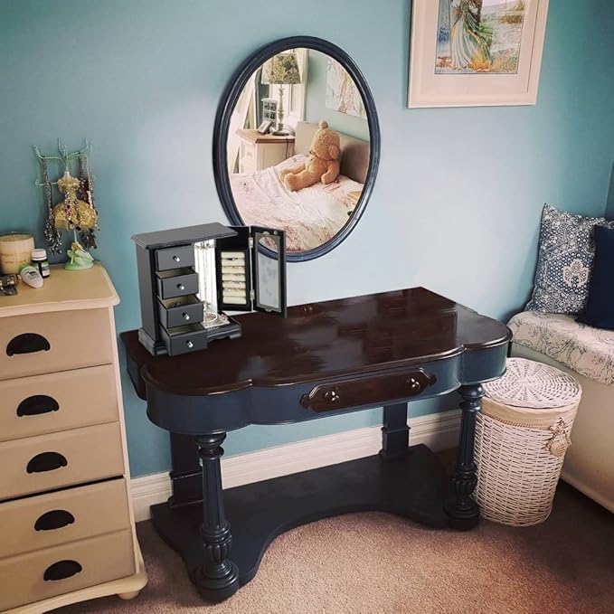 RR ROUND RICH DESIGN Jewelry Box - Made of Solid Wood with 4 Drawers Organizer and Built-in Necklace Carousel and Large Mirror Black