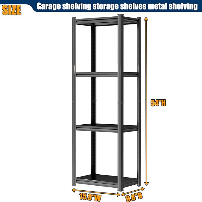 PRESTELION 54" H Metal Shelf Metal Storage Shelves 4-Tier Garage Shelving Unit Adjustable Shelf for Basement, Warehouse, Pantry, Closet, Kitchen 54" H x 15.8" W x 9.8" D, Black
