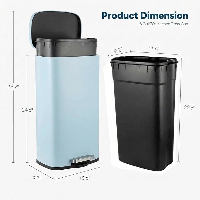 8 Gal Kitchen Trash Can, 30L Recycling or Garbage Bin, Brushed Stainless Steel Waste Basket, Soft&Quiet Close Dustbin, with Step-On Pedal, Removable Inner Bucket, for Home, Office, Living Room