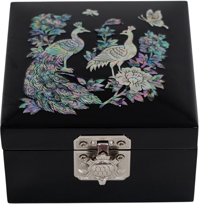 February Mountain Mother of Pearl Mini Jewelry Box - Organizer for Earring Necklace Ring & Bracelet Jewelry Display Storage Case for Woman Unique Gifts (Peacock-Black)
