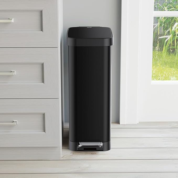 Glad Slim Trash Can with Clorox Odor Protection - Narrow Kitchen Garbage Bin with Soft Close Lid, Step On Foot Pedal and Waste Bag Roll Holder, Black, 12 Gallon/45 Liter