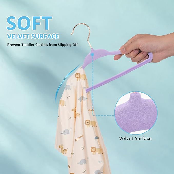 Tonswachic Baby Velvet Hangers 30 Pack - 11 Inch Premium Non Slip Kids Felt Hanger for Infant Clothes - Ultra Thin Baby Felt Hangers for Toddler Children's Closet with 10 Hanger Clips - Purple