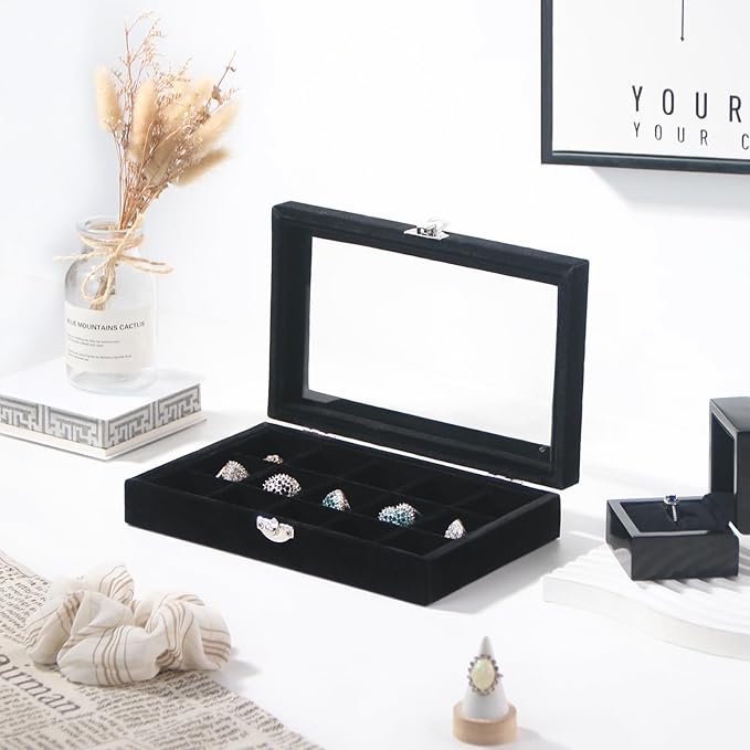 Travel Jewelry Box,Small Jewelry Case,Rings Earrings Cufflinks Organizer for Girls (Black, 15 Grids)