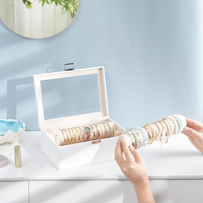 Lolalet Bracelet Display Holder with Rods for Bangles Watches, Clear Lid Jewelry Organizer Box Storage Case for Mothers Day Gifts -White, 2 Rolls