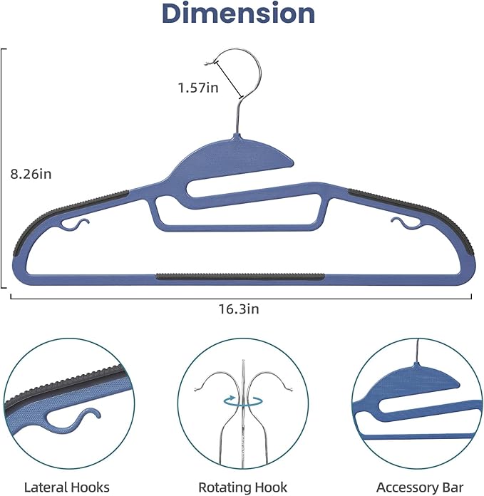 Heavy Duty Plastic Hangers 50 Pack with Non-Slip Design,0.2 Inches Thick,360°Swivel Hook Space Saving Organizer for Bedroom Closet,Shirts,Pants,Strong Enough for Coat(Nacy- S Shaped)