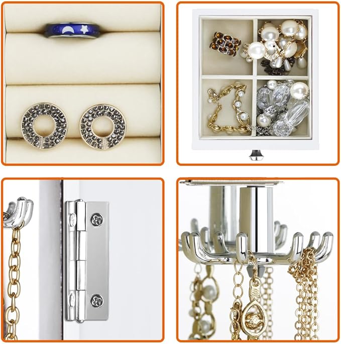 RR ROUND RICH DESIGN Jewelry Box - Made of Solid Wood with Cabinet Type 5 Drawers Organizer and 2 Separated Open Doors on 2 Sides and Large Mirror White