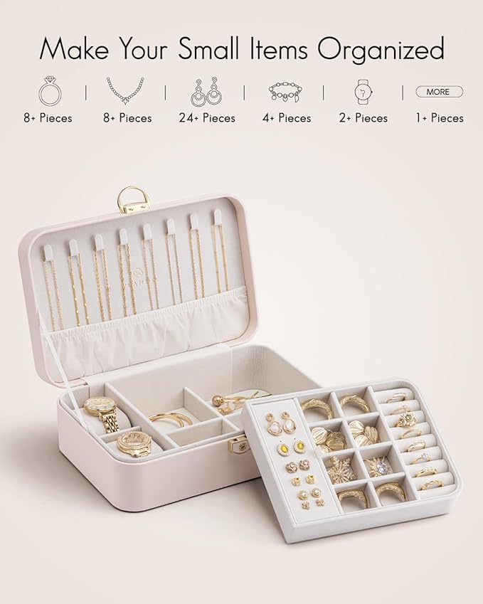 VLANDO 2 Layer Jewelry Box,Jewelry Organizer Storage Lockable Earring Organizer Removable Jewelry Tray with Watch Pillow for Neckable Ring Bracelets-Apricot Pink