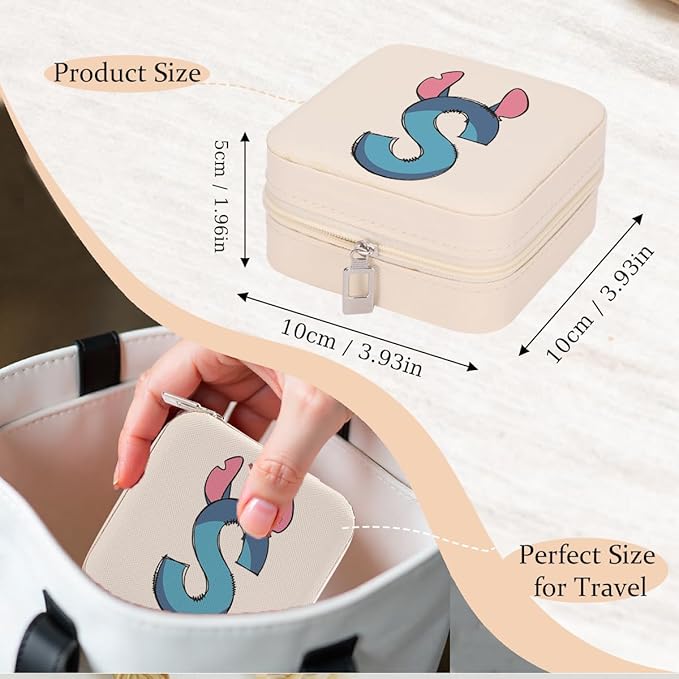 LONGXIN Cute Cartoon Gifts, Initial Travel Jewelry Case Small Jewelry Box Organizer, Personalized Gifts for Women Teen Girls, Birthday Christmas Gifts for Cartoon Lovers, Letter S