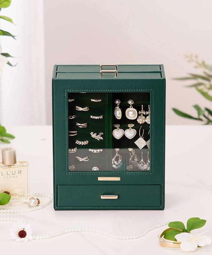 Homde Mothers Day Gifts Jewelry Organizer Girls Women Jewelry Box for Necklaces Rings Earrings Gift Bracelets Storage Case (Forest Green + Gold)