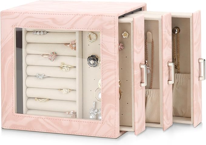 DesignSter Jewelry Box Organizer, Jewelry Box for Women, PU Jewelry Organizer Display Case with Side Drawers, Jewelry Storage for Earring Necklace Ring Bracelet Watch
