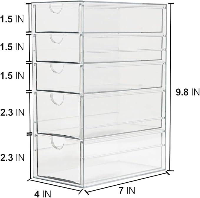 Plastic Drawer Storage with 5 Different Sizes Drawers, Clear Light Gray Hair Accessories Organizer, Transparent Dresser Bathroom Organizer