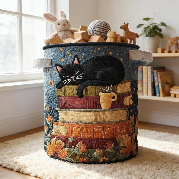 Cat Quilted Laundry Basket - 18"/22"/28", 2026 Large Quilted Cat Laundry Basket with Handles, Cozy Cat Fabric Storage Hamper for Nursery, Bedroom, Laundry Room, Clothes & Toys (4, L 20"X28”)